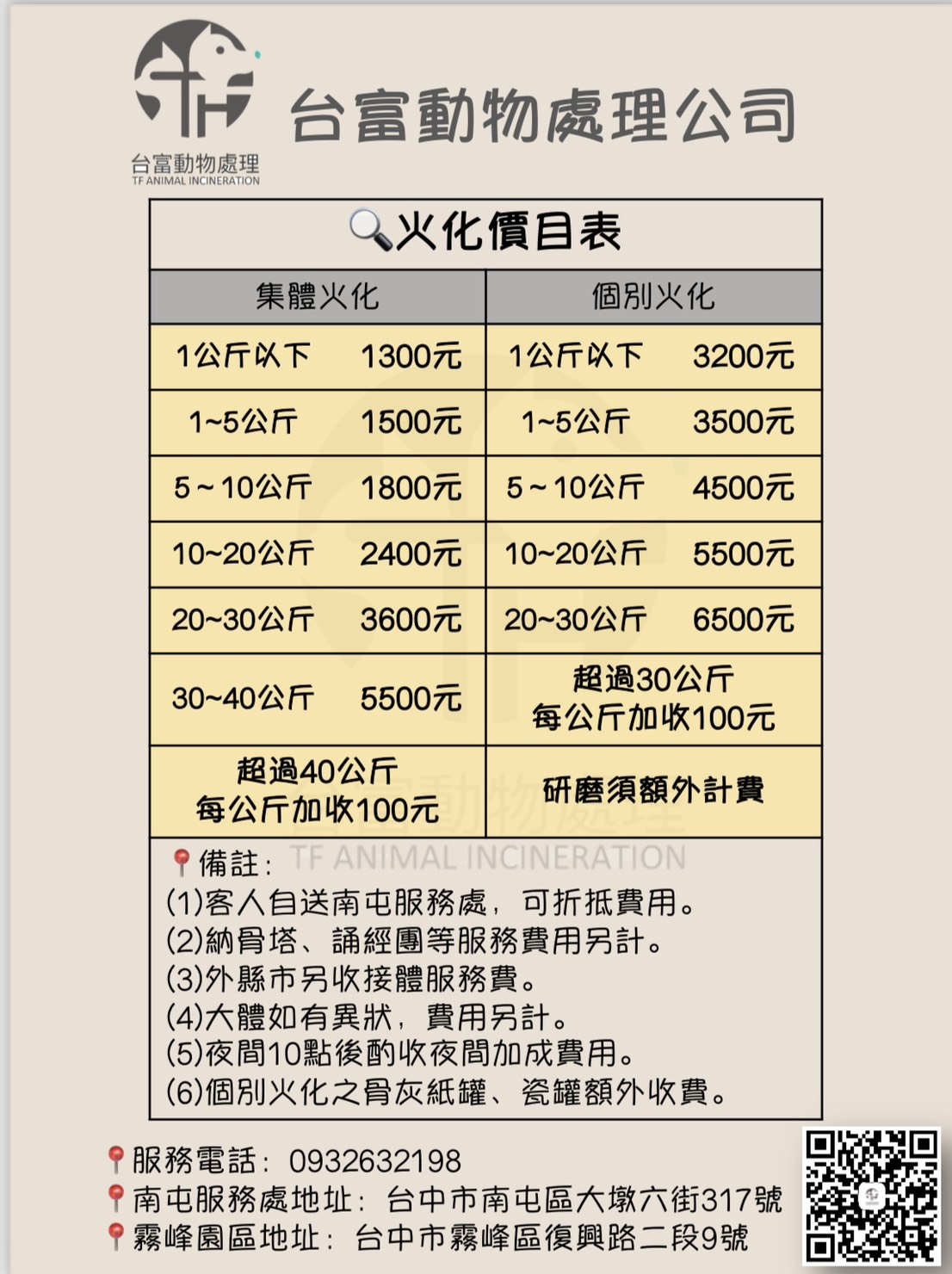 台富動物處理公司火化價目表，包含集體火化與個別火化各體重區間費用